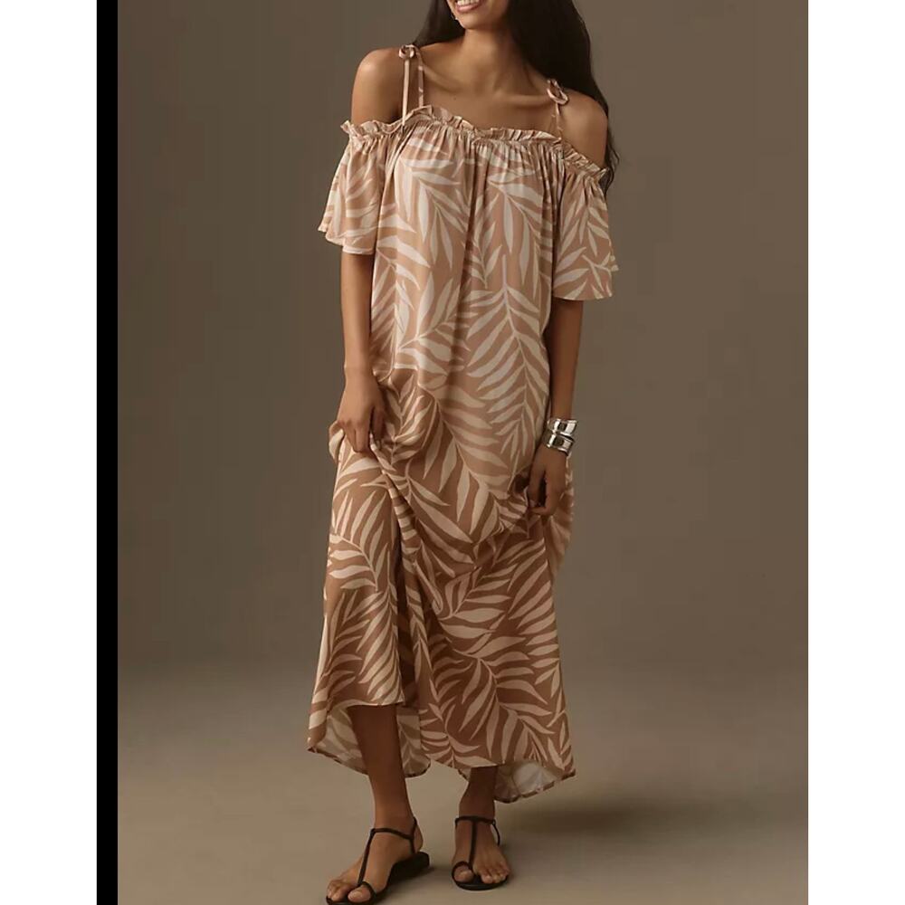 Anthropologie Conditions Apply Palm Leaf Print Off Shoulder Maxi Dress One Size - Picture 2 of 8